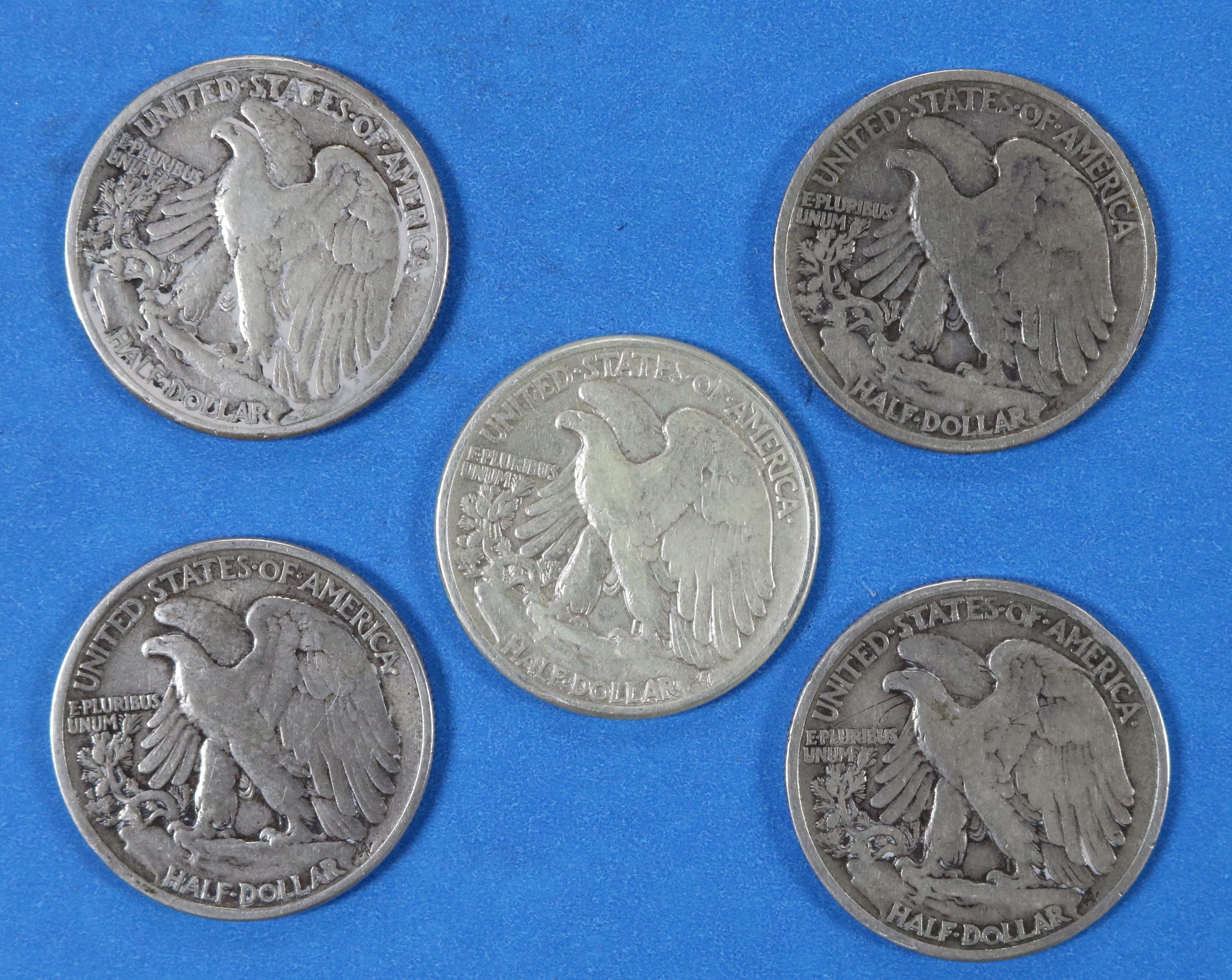 Lot of 5 Walking Liberty Half Dollars 1935-1944