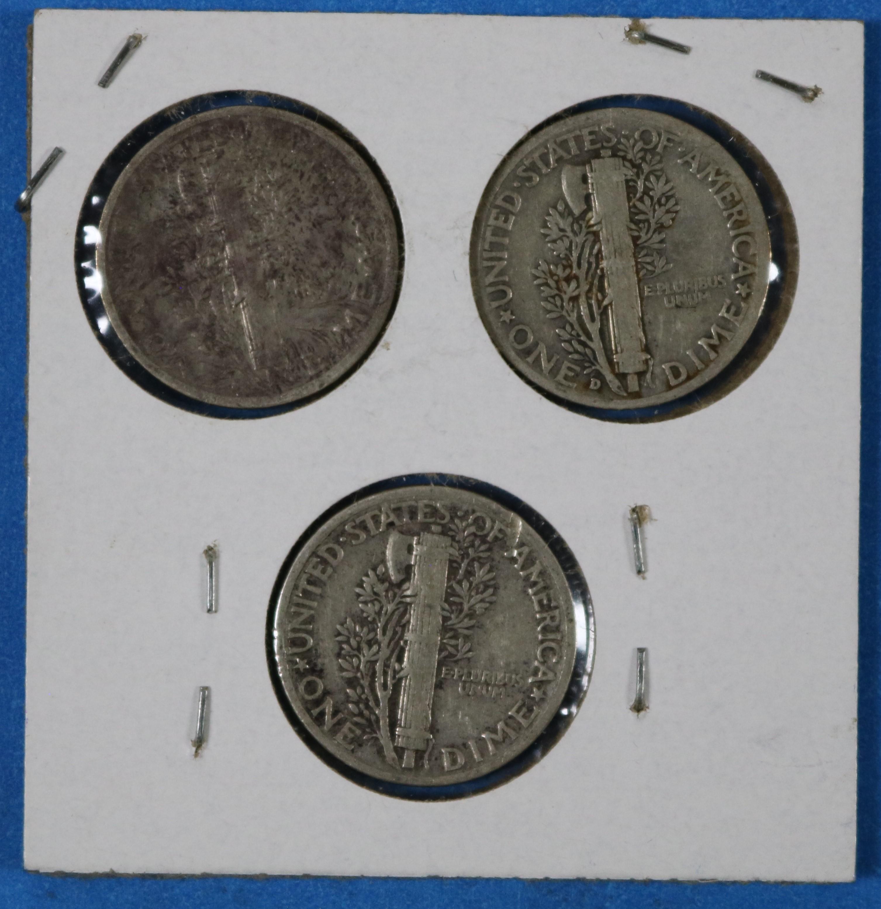 Lot of 3 Silver Mercury Dimes 1939 S D P