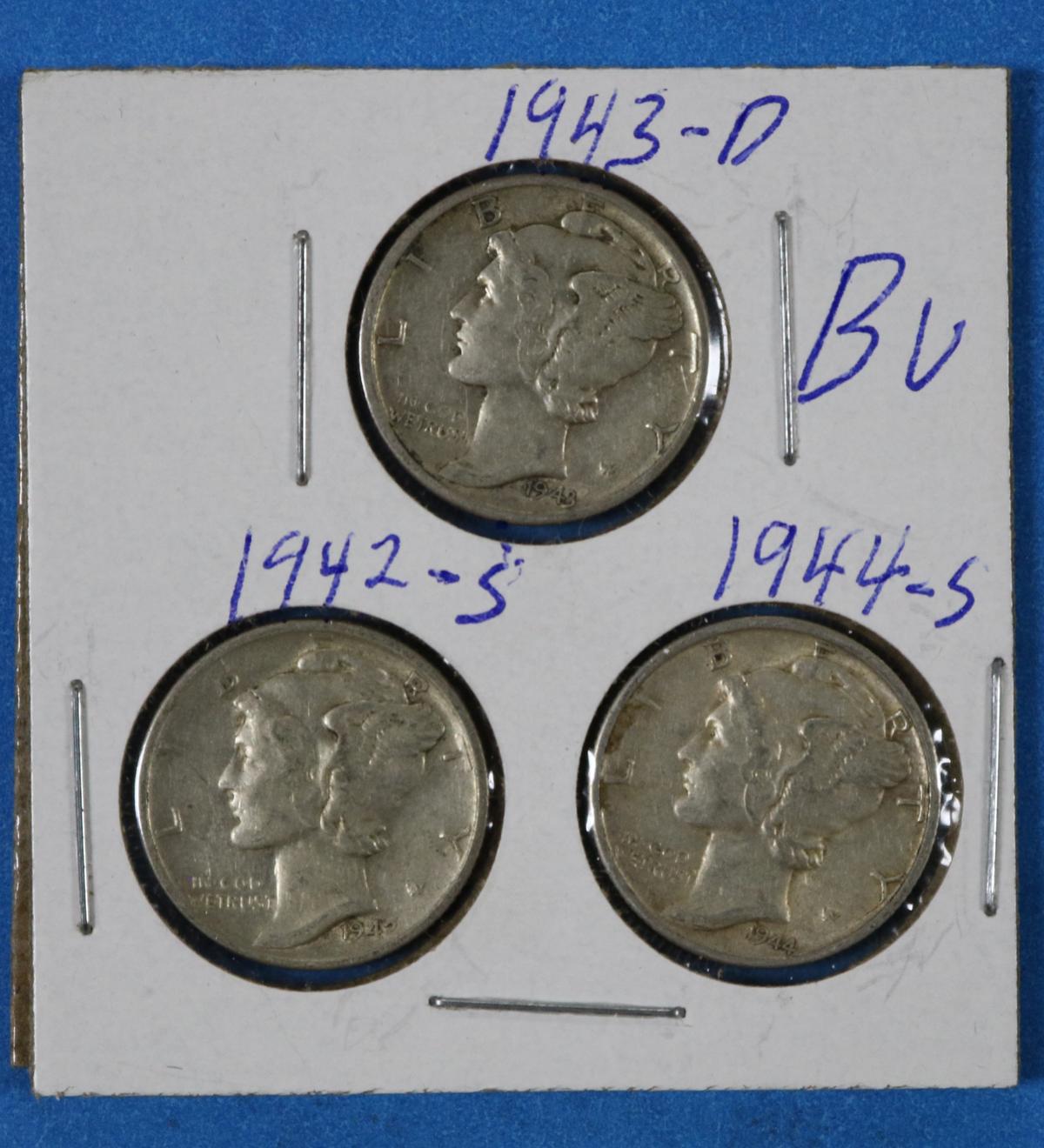 Lot of 3 Silver Mercury Dimes 1942-1944