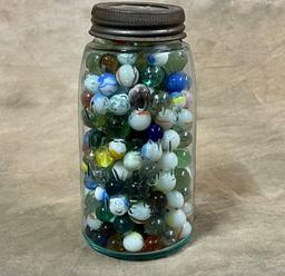 Blue 1858 Masons Jar Full Of Marbles