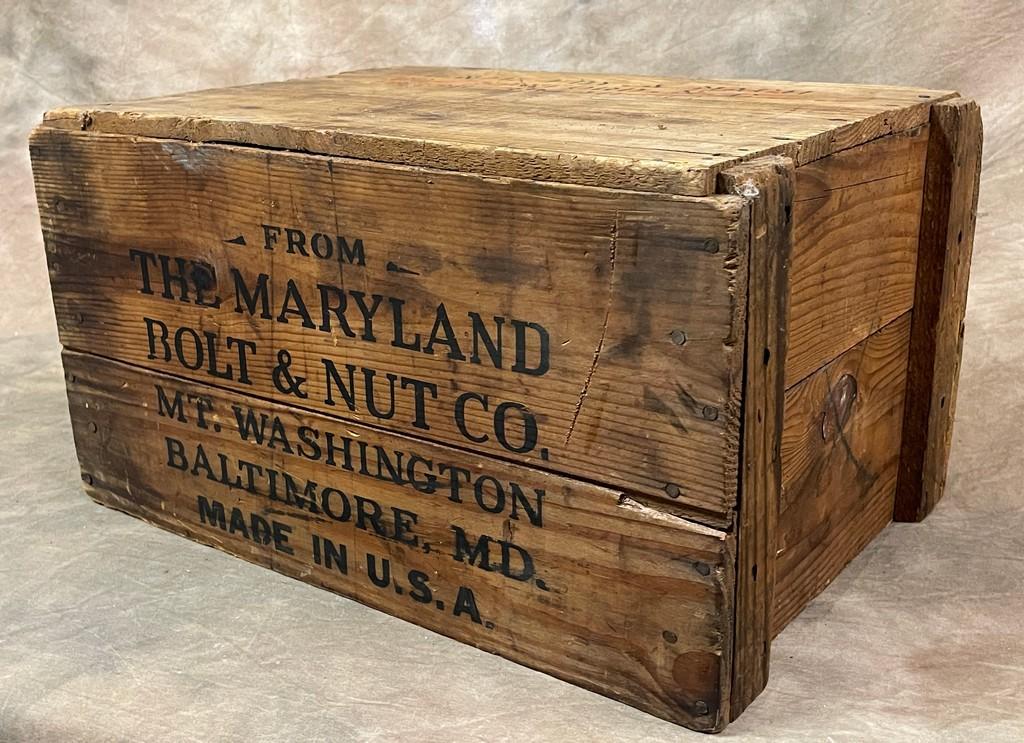 Antique Wood "Maryland Bolt & Nut Co" Crate