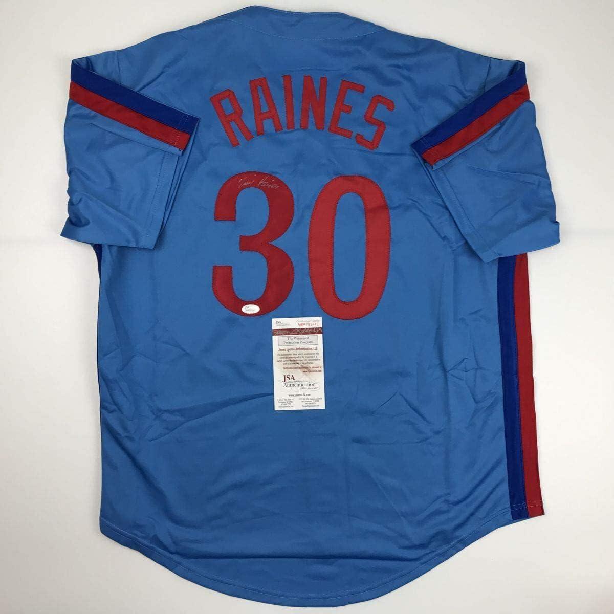 Autographed/Signed Tim Raines Montreal Blue Baseball Jersey JSA COA