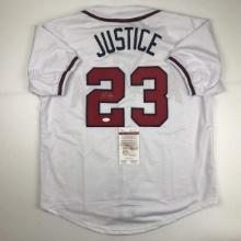Autographed/Signed David Justice Atlanta White Baseball Jersey JSA COA