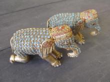 (2) Kneeling Indian Brass & Turquoise Elephants