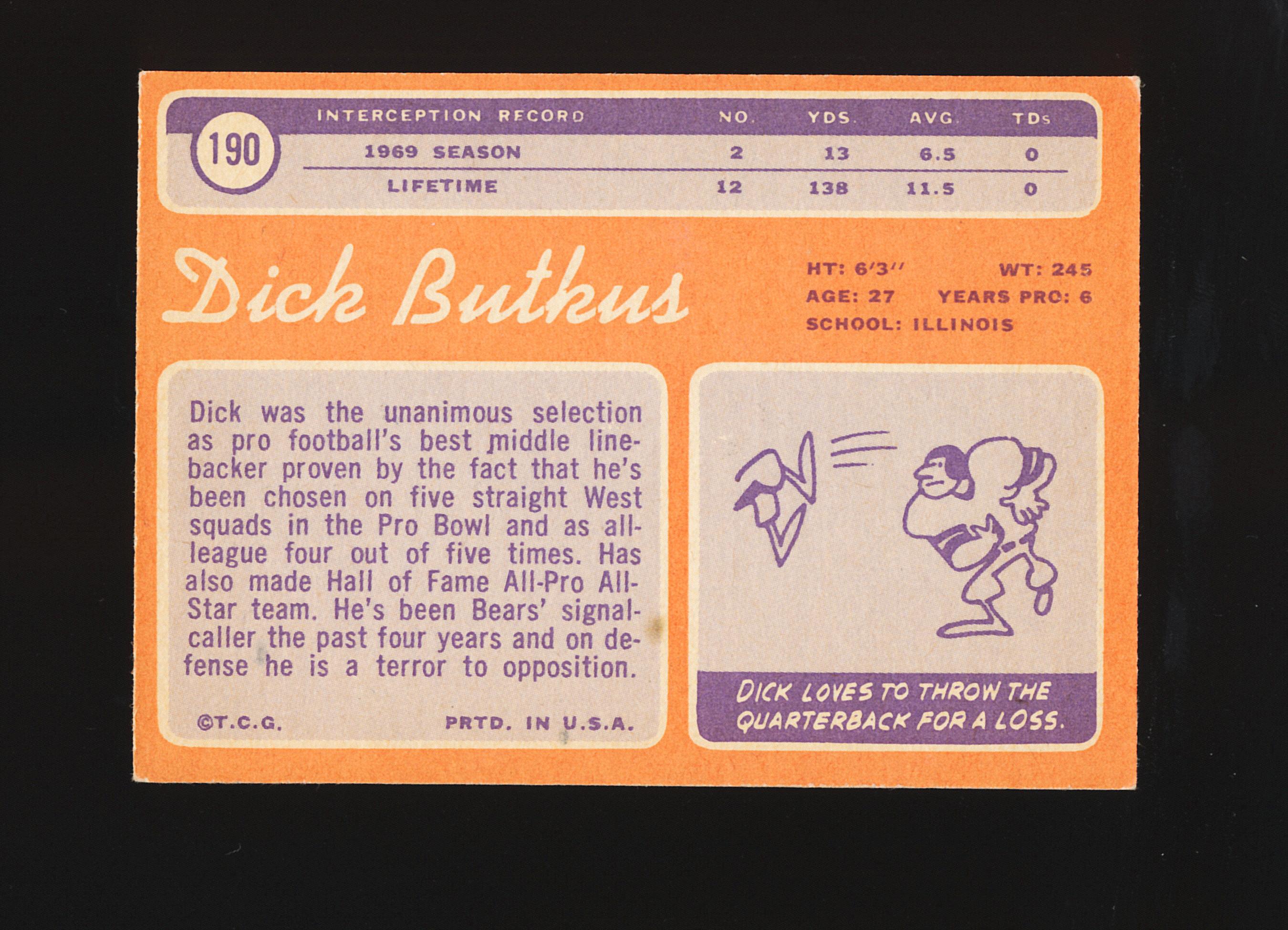 1970 Topps Football Card #190 Hall of Famer Dick Butkus Chicago Bears