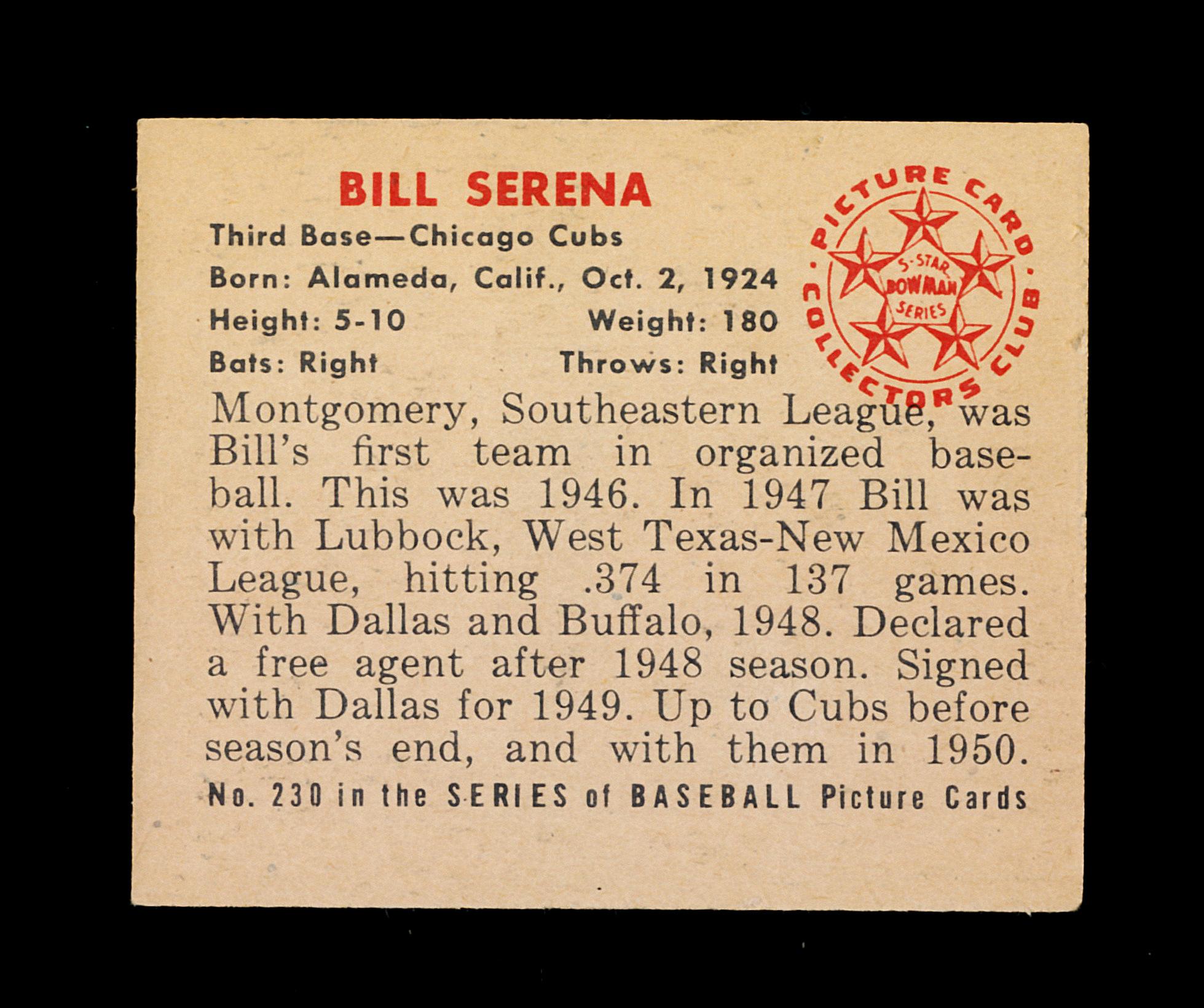 1950 Bowman Baseball Card #230 Bill Serena Chicago Cubs