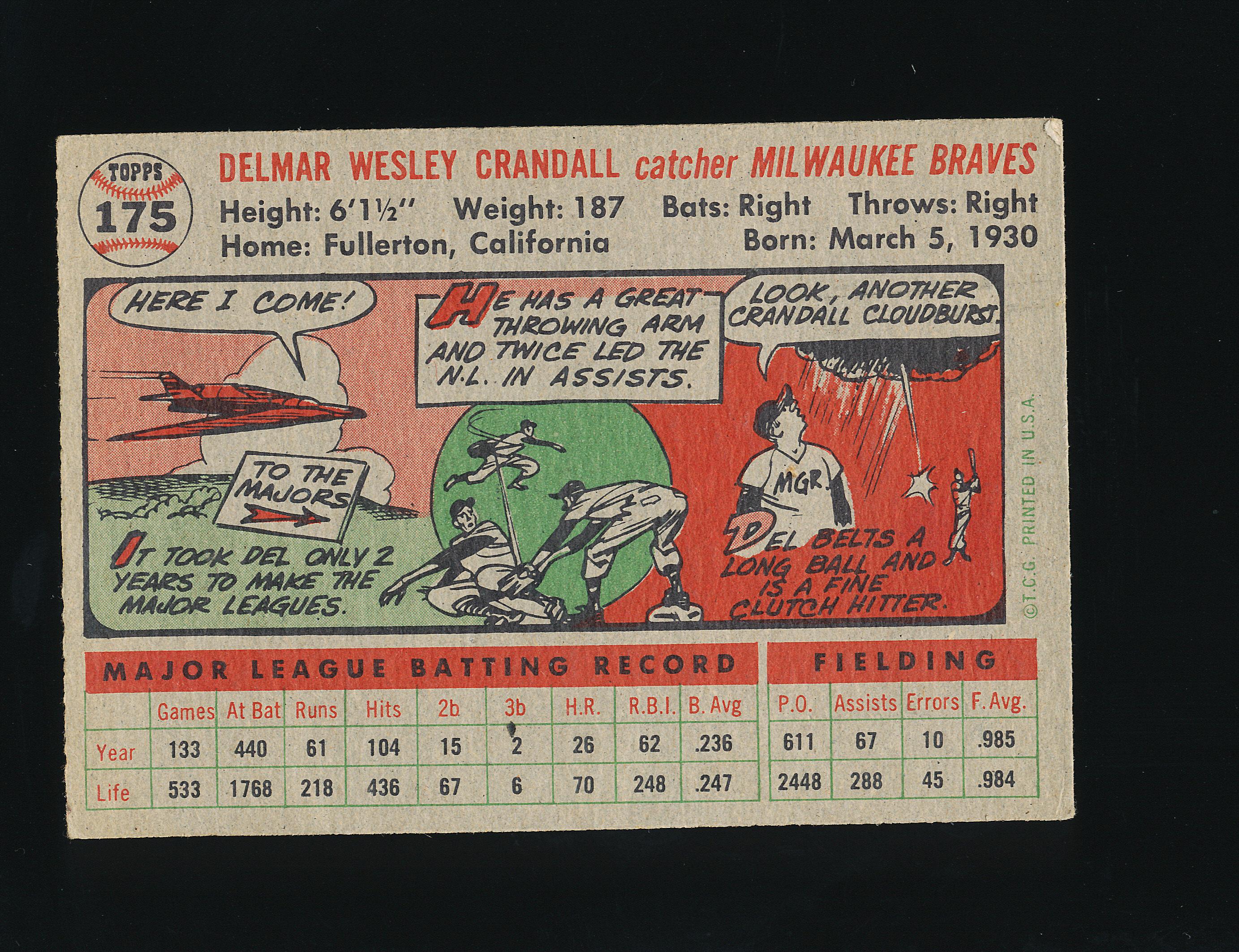 1956 Topps Baseball Card #175 Del Crandell Milwaukee Braves