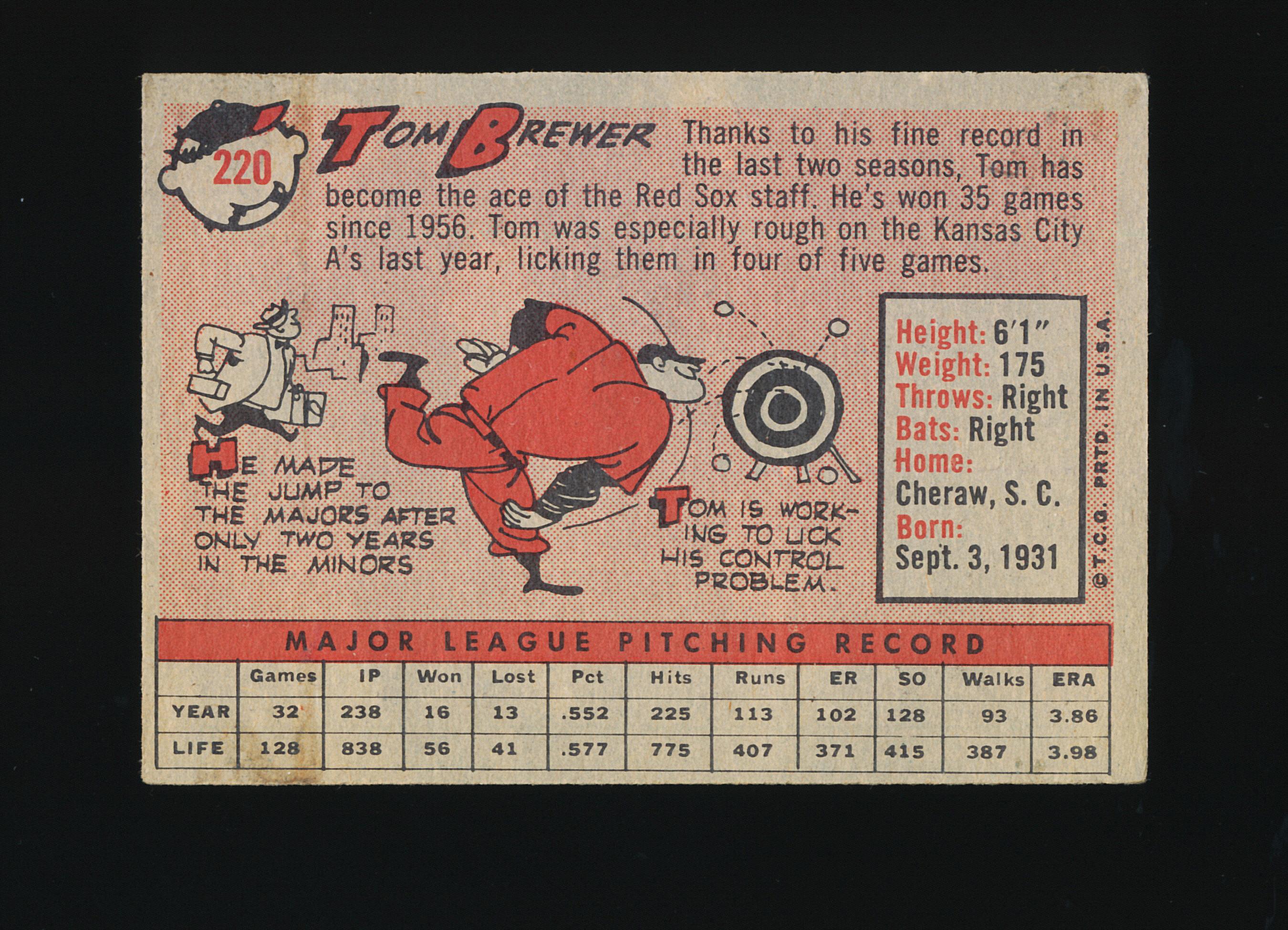 1958 Topps Baseball Card #220 Tem Brewer Boston Red Sox