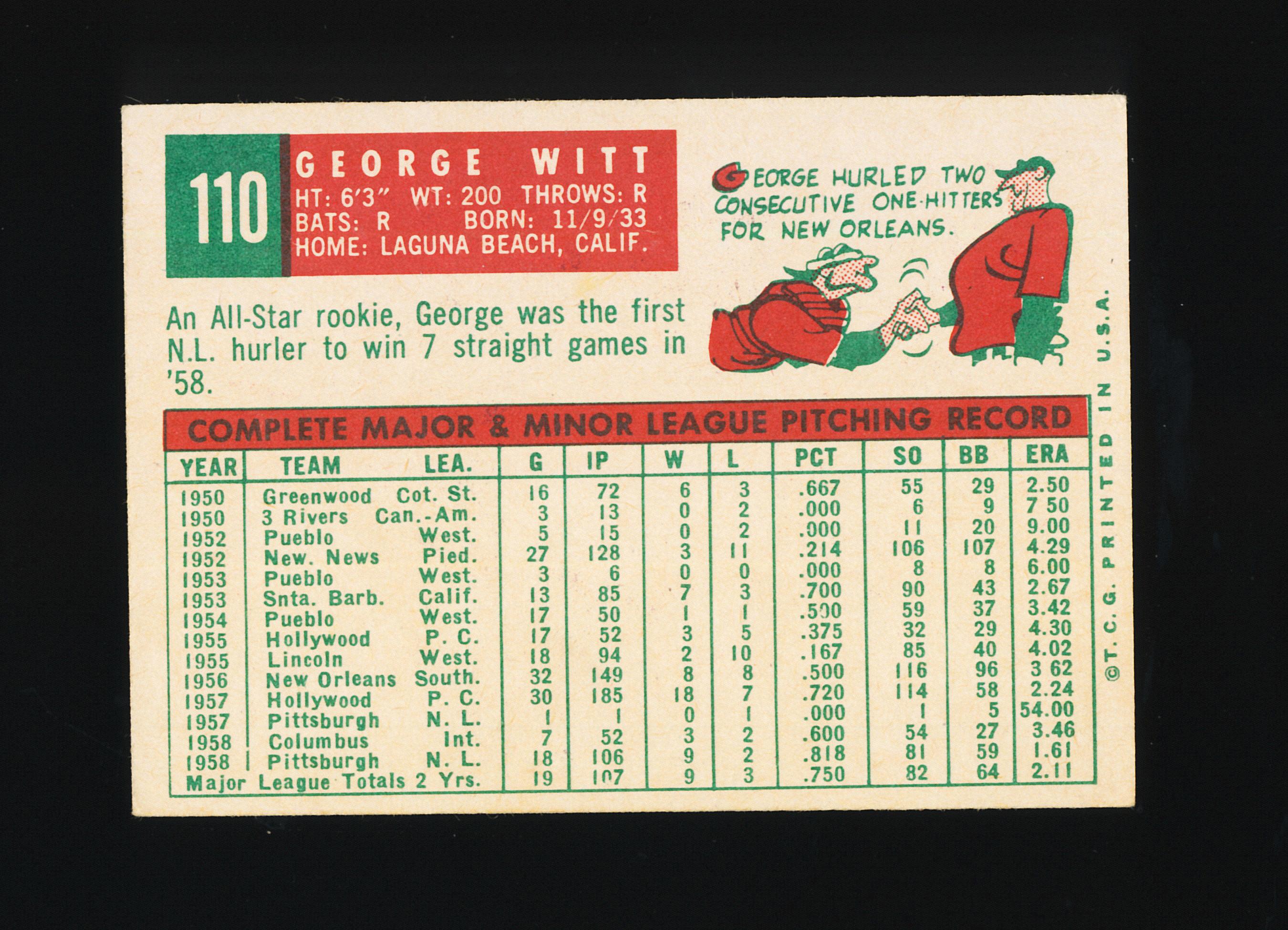 1959 Topps ROOKIE Baseball Card #110 Rookie George Witt Pittsburgh Pirates