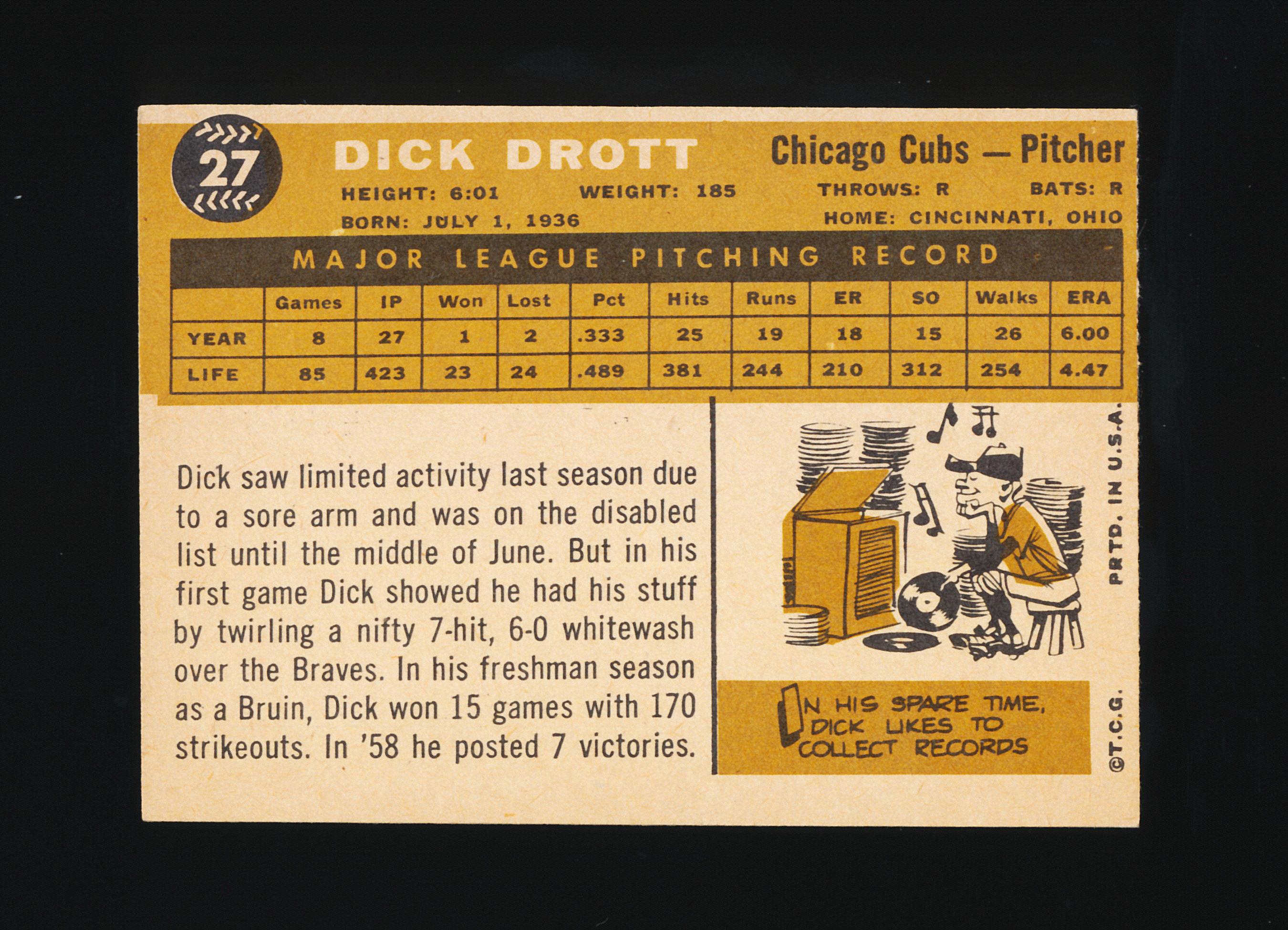 1960 Topps Baseball Card #27 Dick Drott Chicago Cubs