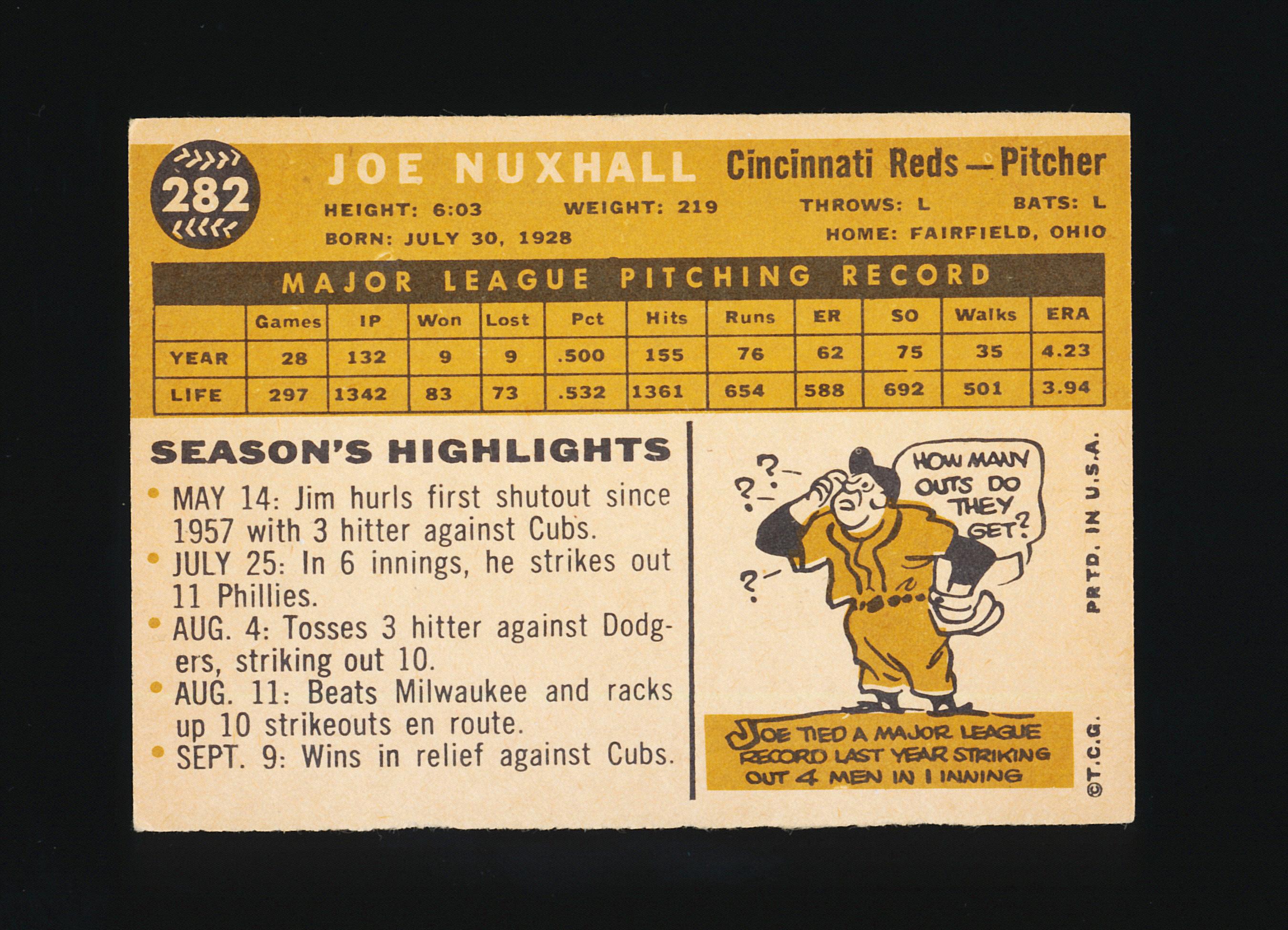 1960 Topps Baseball Card #282 Joe Nuxhall Cincinnati Reds