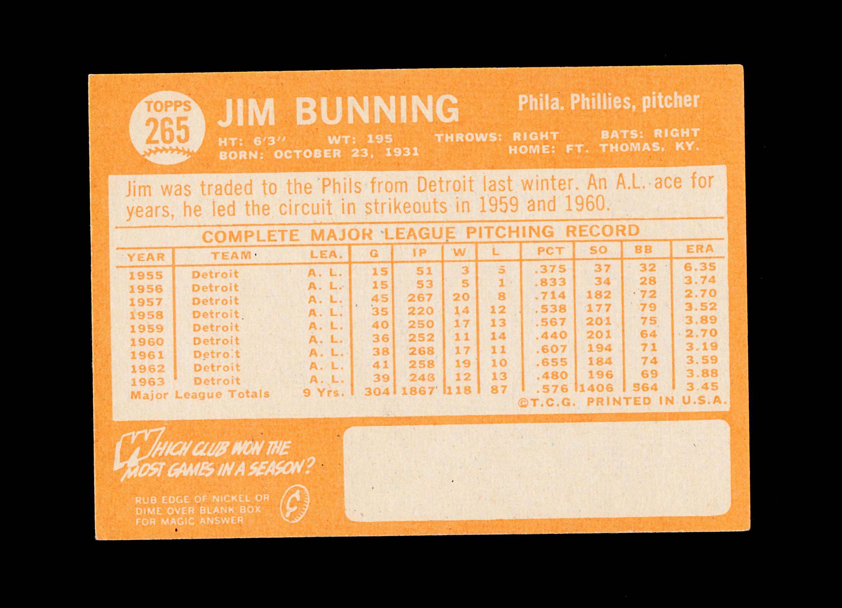 1964 Topps Baseball Card #265 Jim Bunning Piladelphia Phillies