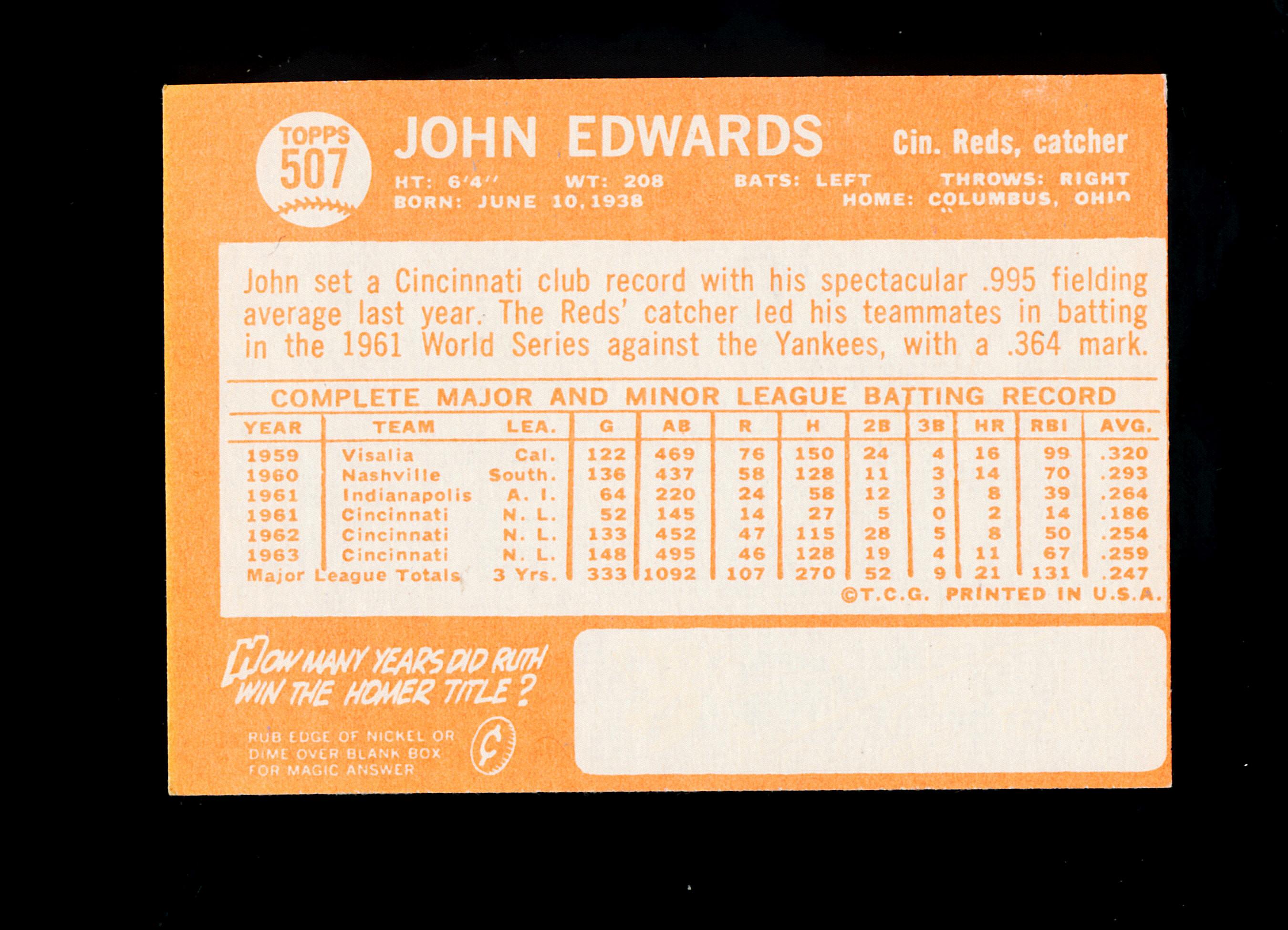 1964 Topps Baseball Card #507 John Edwards Cincinnati Reds