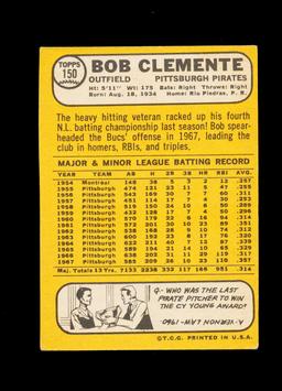 1968 Topps Baseball Card #150 Hall of Famer Bob Clemente Pittsburgh Pirates