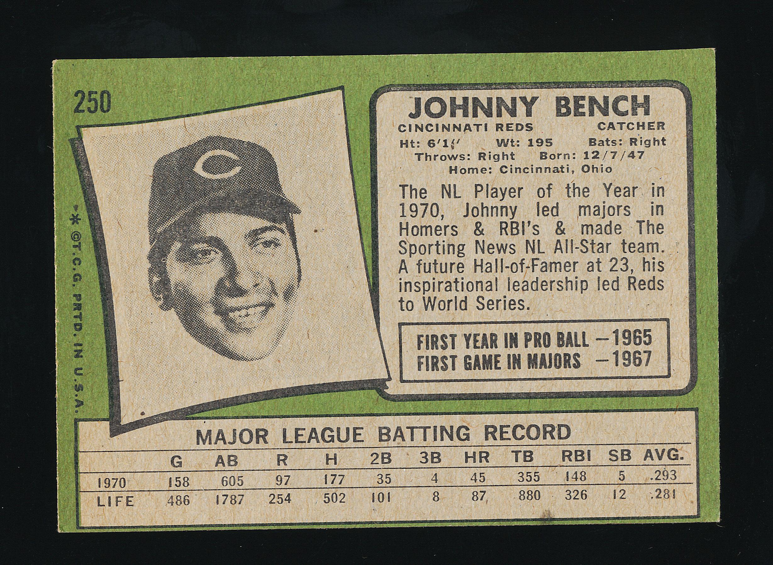 1971 Topps Baseball Card #250 Hall of Famer Johnny Bench Cincinnati Reds