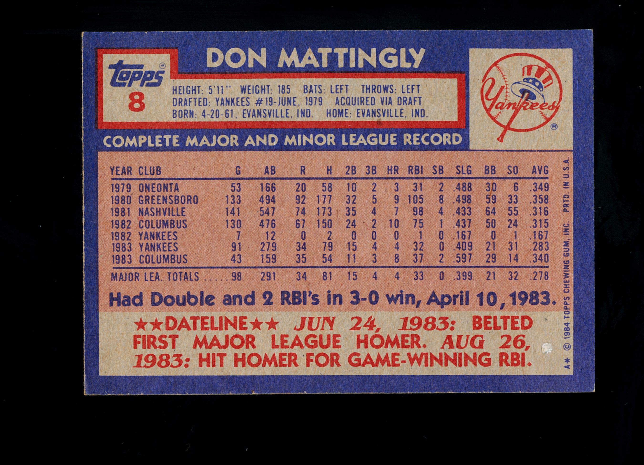 1984 Topps ROOKIE Baseball Card #8 Rookie Hall of Famer Don Mattingly New Y