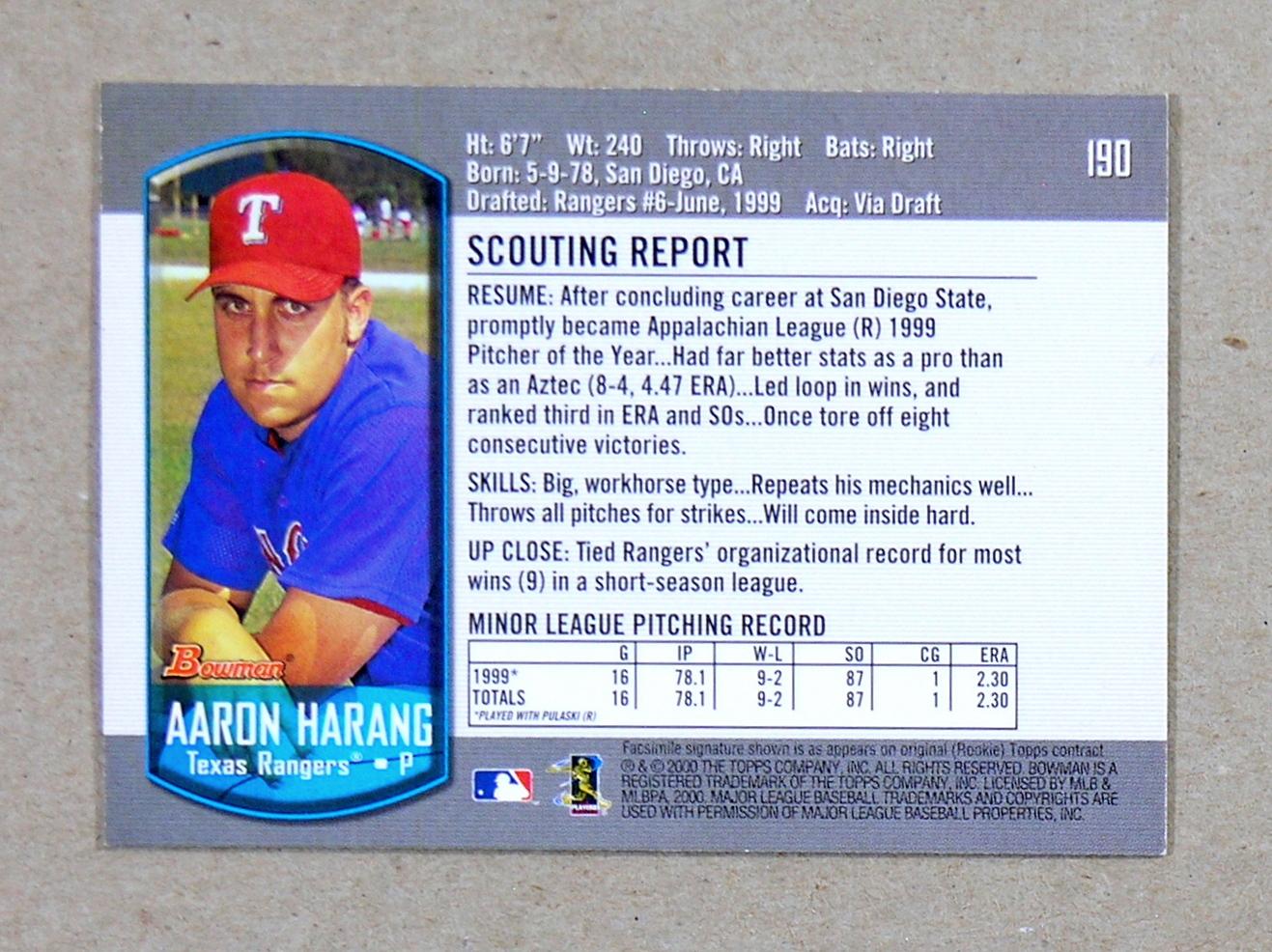 2000 Bowman ROOKIE-AUTOGRAPHED Baseball Card #190 Rookie Aaron Haring Texas