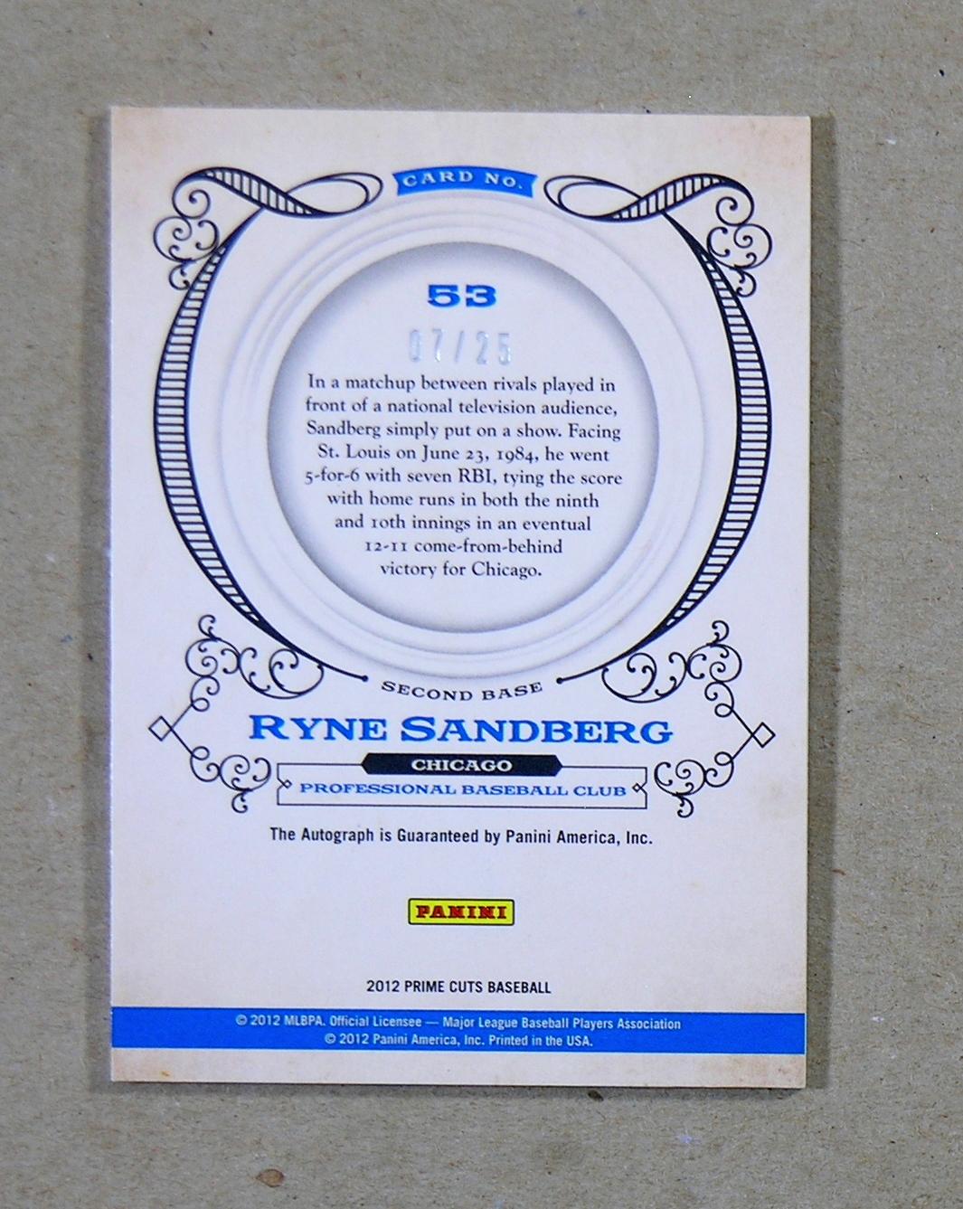 2012 Panini "Prime Cuts" AUTOGRAPHED Baseball Card#53 Hall of Famer Ryne Sa