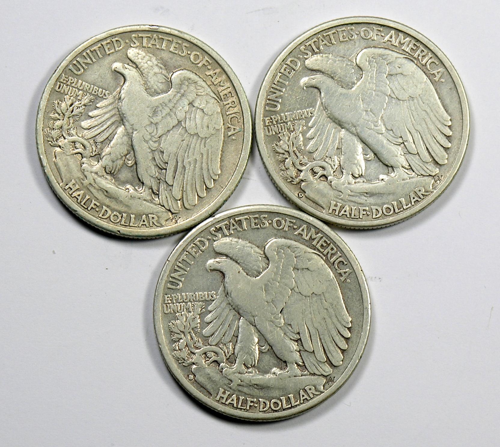 1934 P-D-S Walking Liberty Silver Half Dollars (3 Coins)