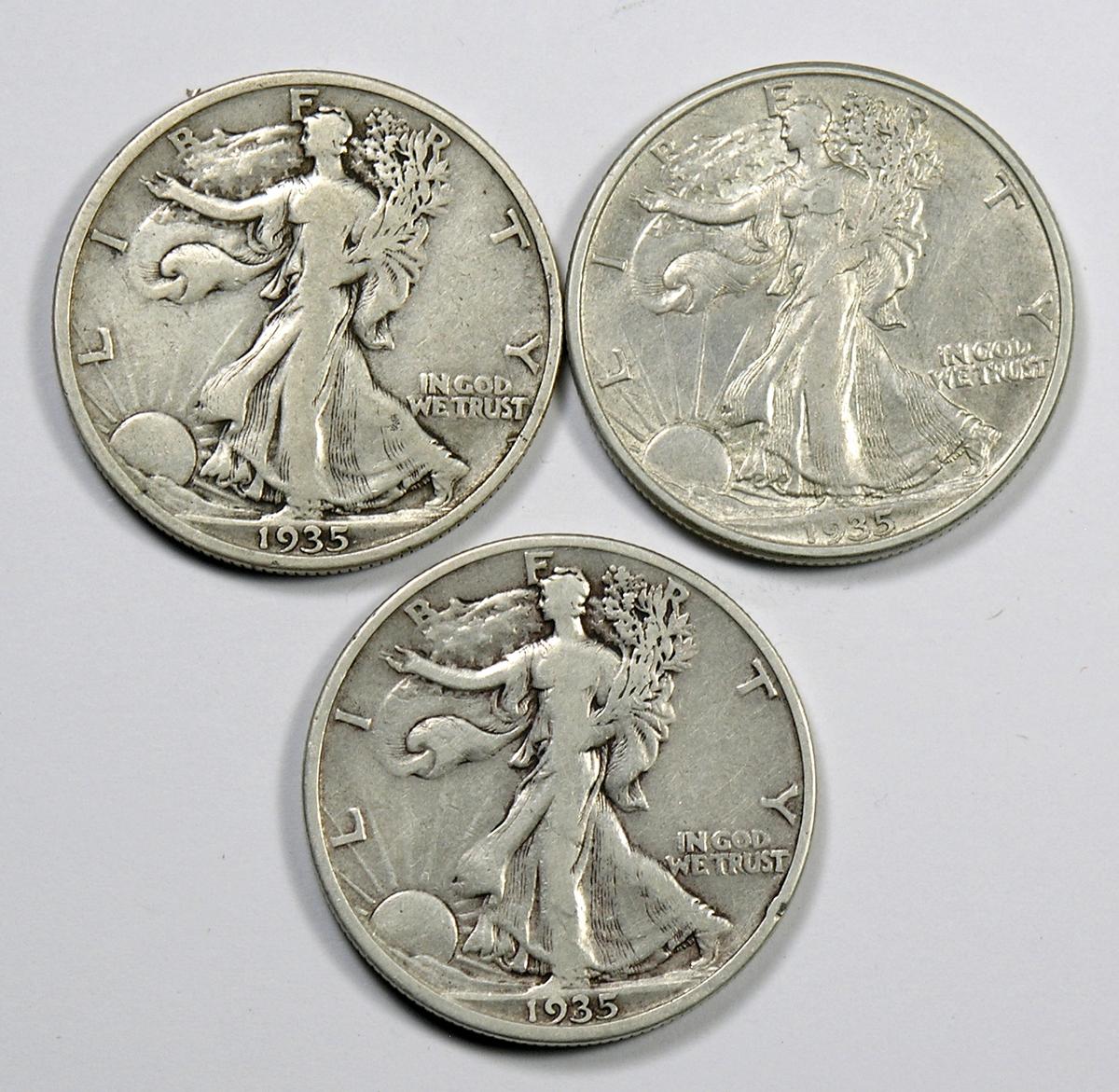 1935 P-D-S Walking Liberty Silver Half Dollars (3 Coins)