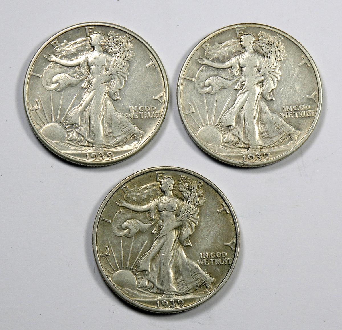 1939 P-D-S Walking Liberty Silver Half Dollars (3 Coins)