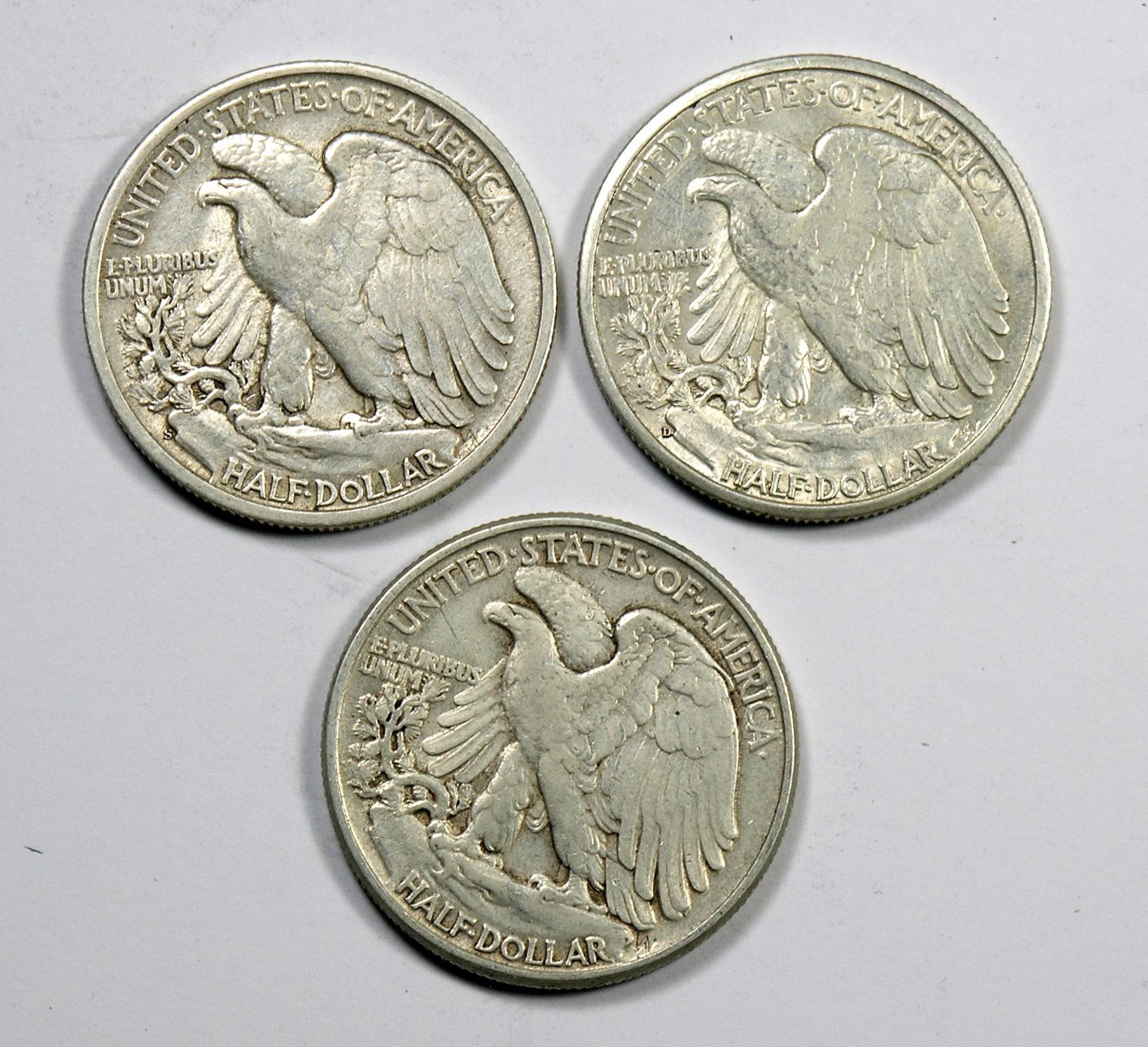 1945 P-D-S Walking Liberty Silver Half Dollars (3 Coins)