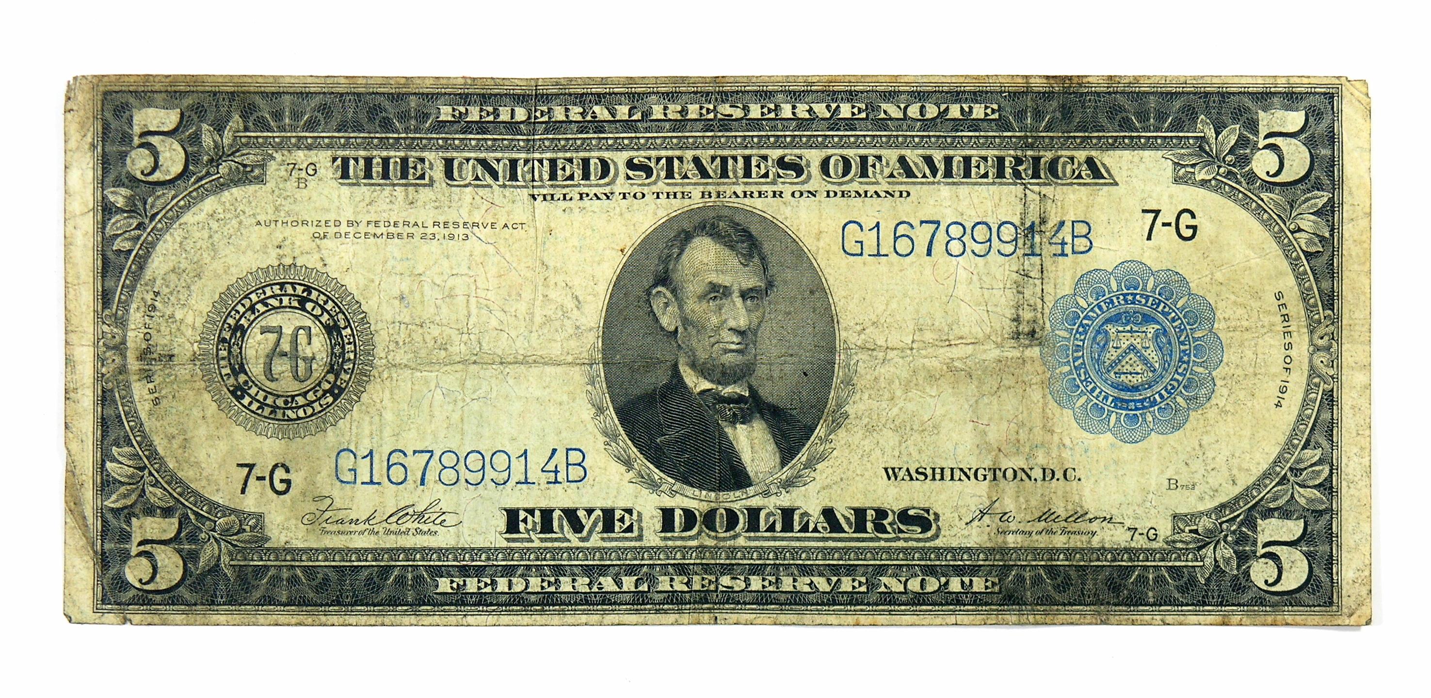 1914 $5 Federal Reserve Note Bank of Chicago ILL.