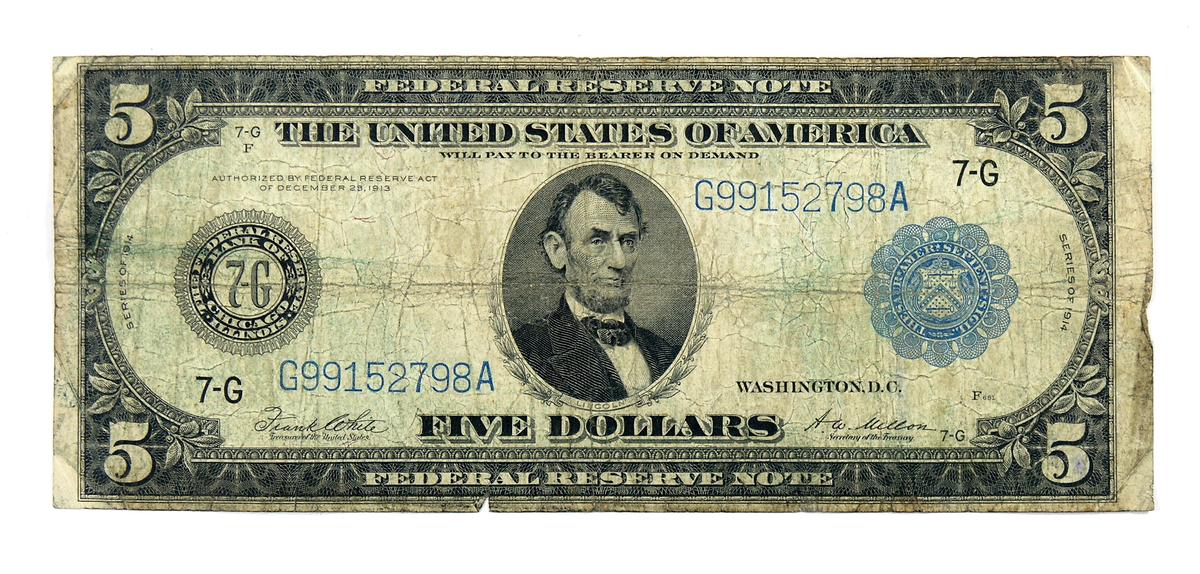 1914 $5 Federal Reserve Note Bank of Chicago ILL.