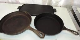 17" cast iron griddle, #8 SK USA made frying pan and 11.5" Benjamin Medwing cast iron skillet.