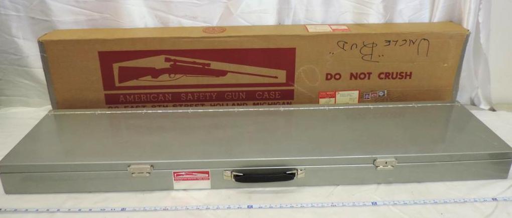 52x11x3.5" vintage American safety metal gun case with original box.