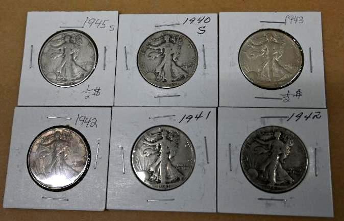 Six 1940's Walking Liberty Half Dollars