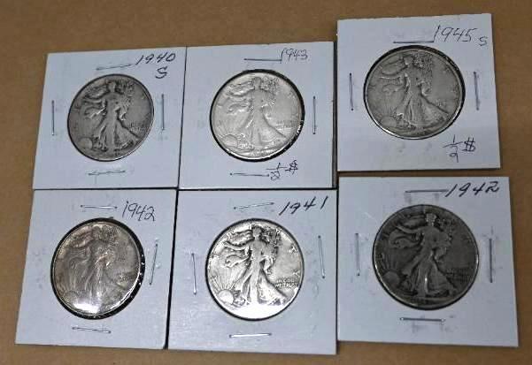 Six 1940's Walking Liberty Half Dollars