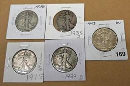 Five Walking Liberty Half Dollars