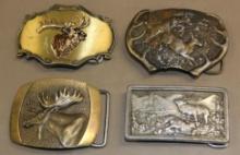 Four Elk-Themed Belt Buckles in Brass and Silver-Colors