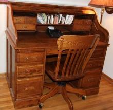 Excellent Oak Craft Roll-Top Desk with Wood Chair