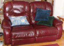 Matching Burgundy Leather Reclining Loveseat and Recliner Chair