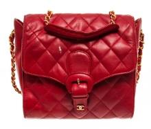 Chanel Red Leather Chain Buckle Flap Shoulder Bag