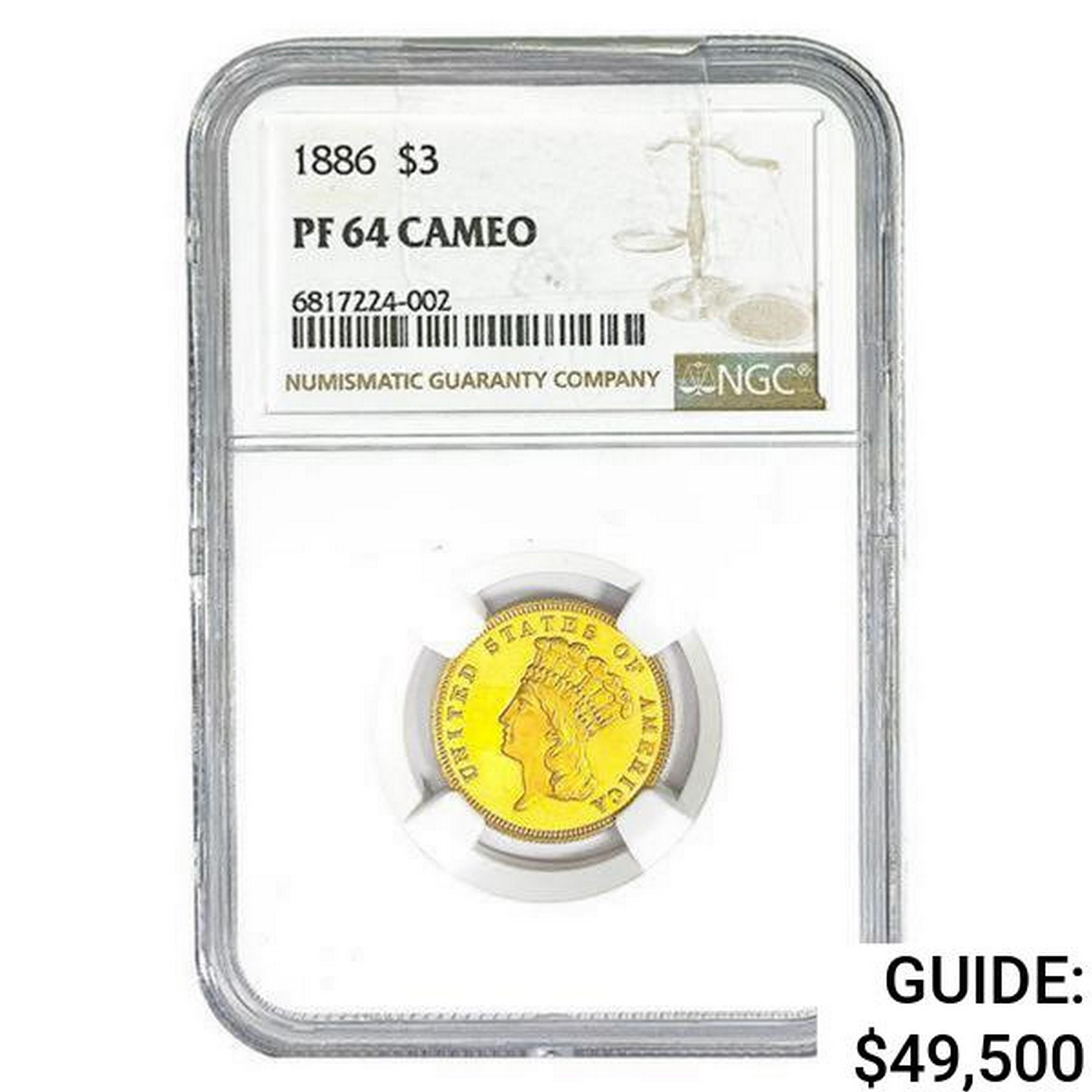 1886 $3 Gold Piece NGC PF64 Cameo