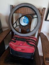 (LR) LOT TO INCLUDE A JUSTINCASE EMERGENCY ROADSIDE (KIT) & A BELL STEERING WHEEL COVER.