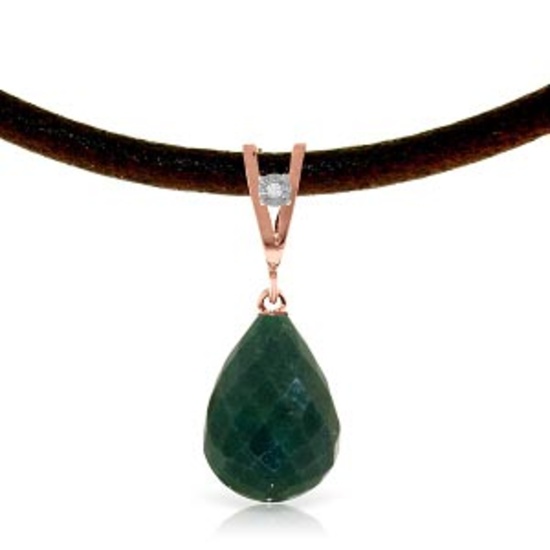 14K Solid Rose Gold & Leather Necklace withDiamond & Emerald