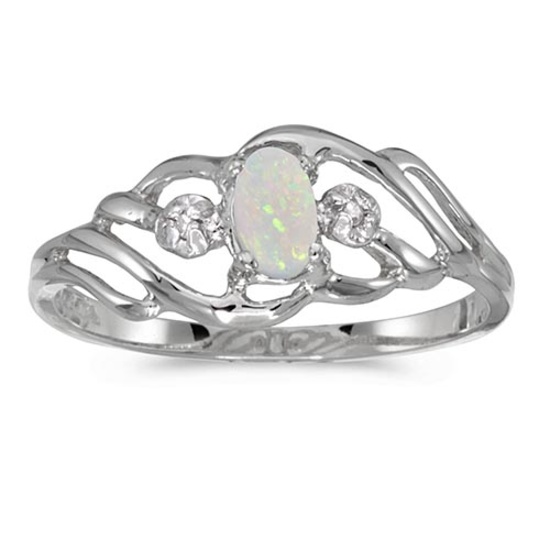 Certified 14k White Gold Oval Opal And Diamond Ring
