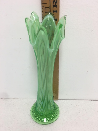 CARNIVAL GLASS GREEN OPALESCENT 11? SWUNG VASE