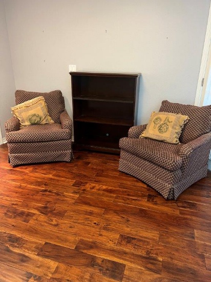 Pair of Upholstered Arm Chairs and Bookshelf