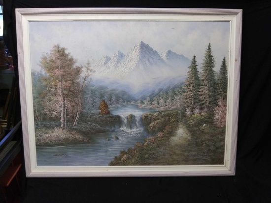 Extra large mountainous landscape with some cleaning needed, original art signed Hamilton