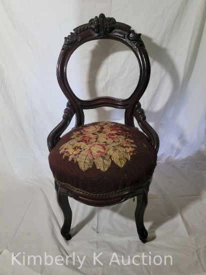 Victorian Carved Balloon Back Chair with Needlepoint Seat, Repairs