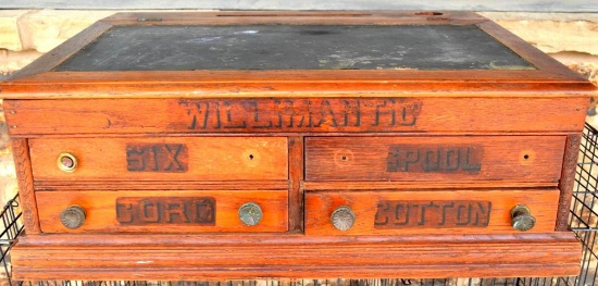 "Willimantic" 4-Drawer Antique Spool Cabinet with Desktop and Inkwell