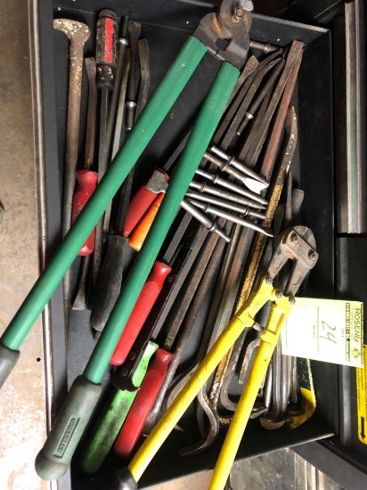 Bulk drawer load of pry bars, bolt cutters, bits and more