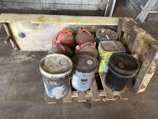 Pallet of Buckets, Fuel Cans, and Plasticized Shelf