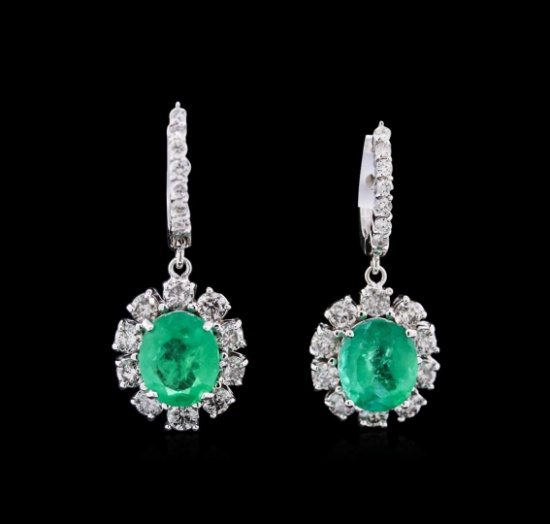 5.54 ctw Emerald and Diamond Earrings - 14KT White Gold