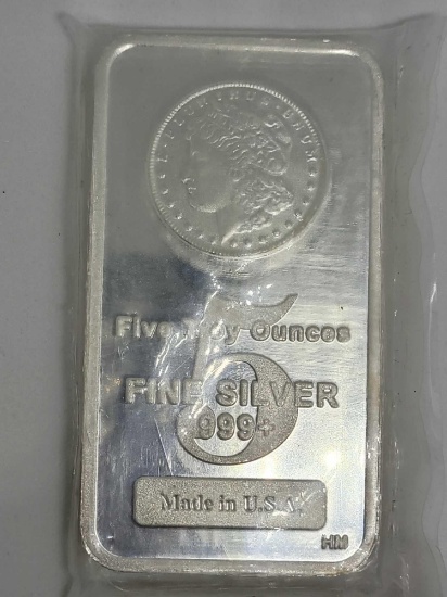 5 troy oz silver bar new proof like art bar .999+ fine silver builion Morgan head